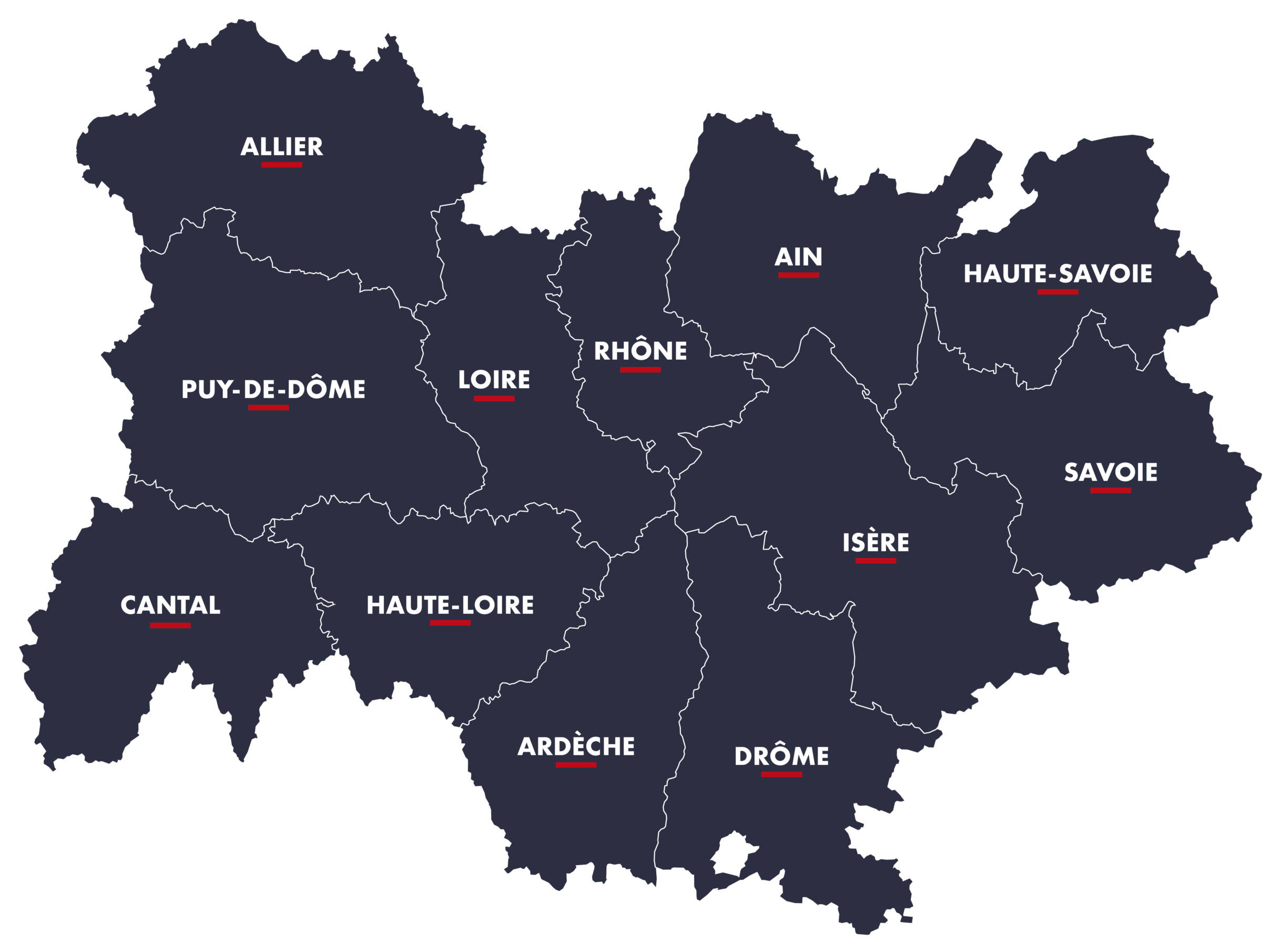 Départements d’intervention : Allier, Puy-de-Dôme, Cantal, Loire, Haute-Loire, Rhône, Ardèche, Ain, Isère, Drôme, Haute-Savoie, Savoie